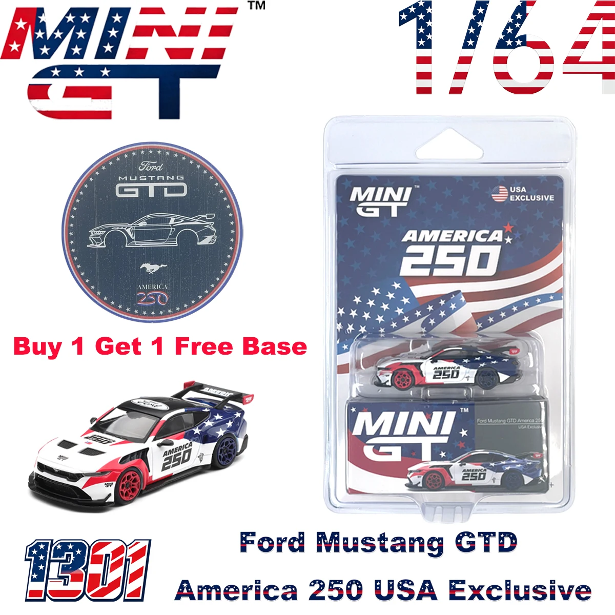 Mini GT 1301 1:64 Blister Packaging MGT01301 Ford Mustang GTD America 250 USA Exclusive LHD Diecast Collectible Model Vehicles