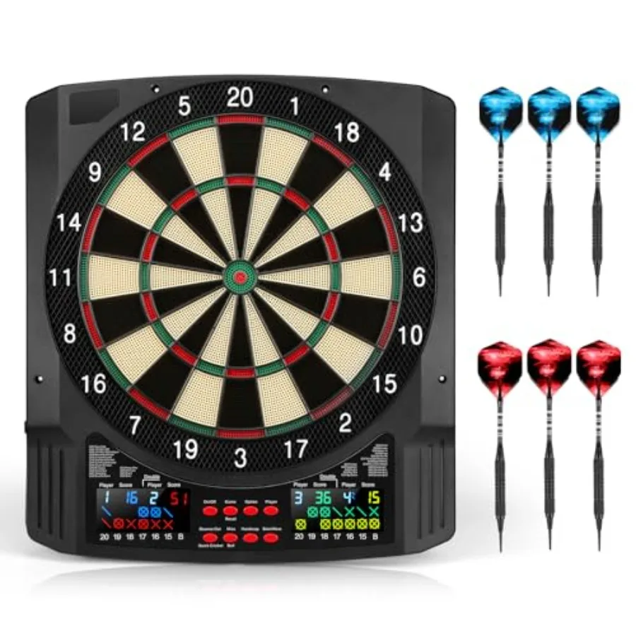 

Electronic Dart Board for home and arcade use, ABS plastic with black and red color, features 2 large colorful LEDs, 43 games a