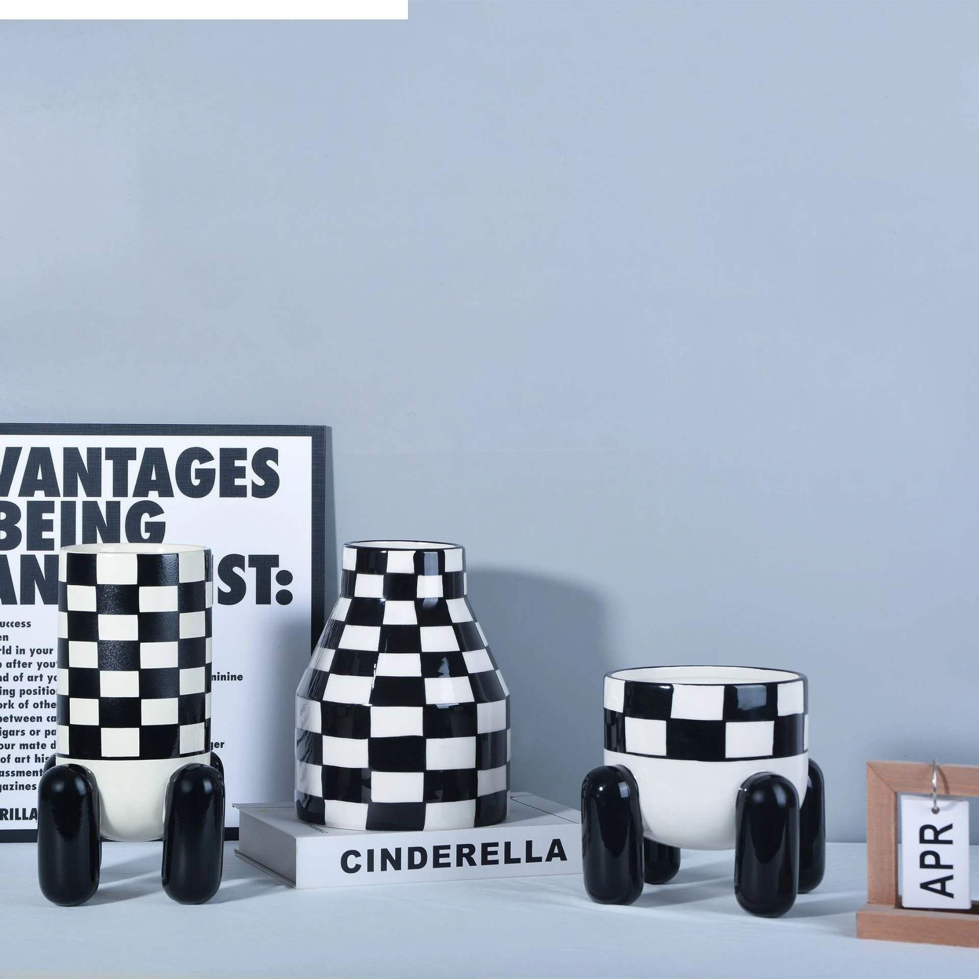 Geometric Black and White Checkered Ceramic Vase Tall Flowerpot Terrarium Flower Vase Home Decoration Accessories