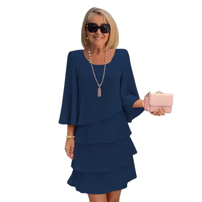 Vestidos de Cintura Alta para Mulheres, Manga Longa, Estilo A-line, Vestido Solto Primavera Y2K, Chic, Doce, com Ruffles, Vestido de Camadas Elegante