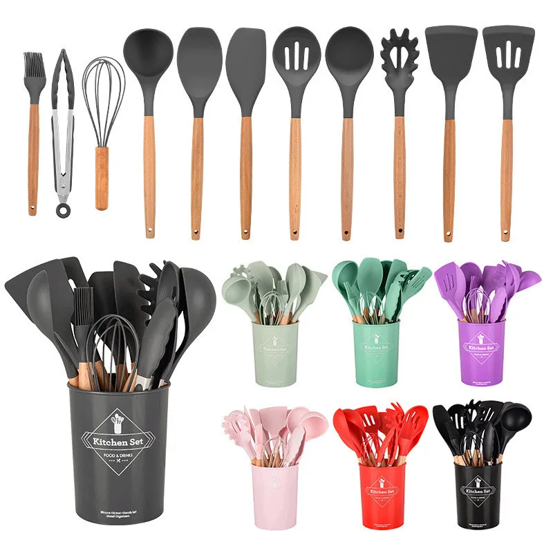 Kitchen Utensil, Non-stick Pan Cooking Spoon, Spatula, Wood-handle Silicone 12-piece Kitchenware Set, Food Tongs