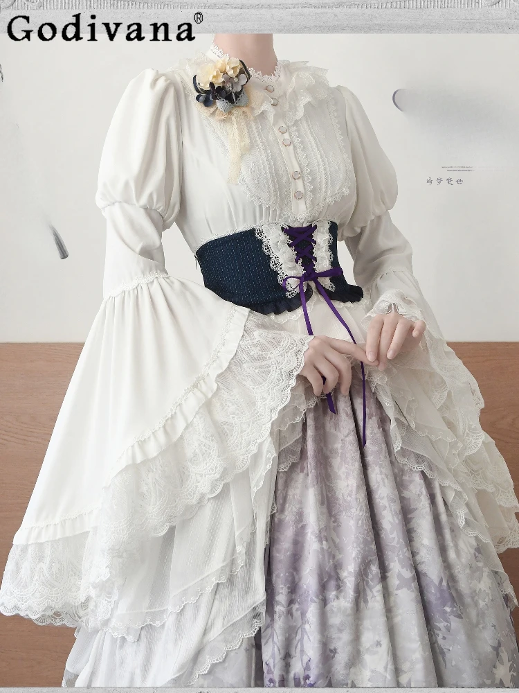 Lolita อารมณ์ Big Flare Sleeve Elegant Stand-up COLLAR เสื้อ 2025 สาวใหม่ Ruffles ลูกไม้หวาน SLIM FIT ลดอายุ TOP
