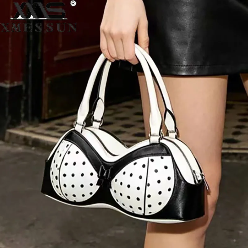 New Polka Dot Bra Y2k Bags For Women,Fashion Novelty Cute Pink Bikini Handbag with Lace Bow Streetwear Funny Party Shoulder Bag