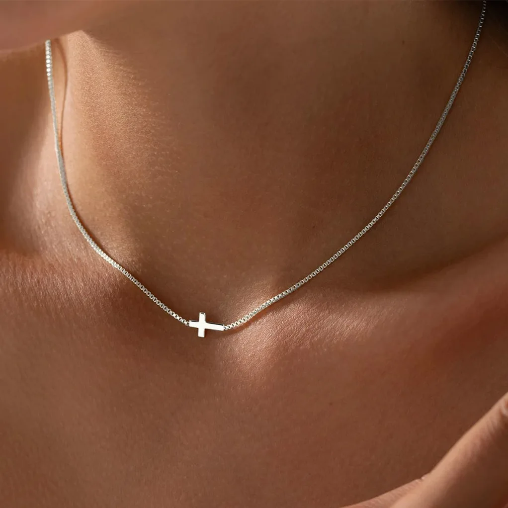 Minimal Small Sideways Cross Stainless Steel Necklace Thin Box Chain Choker Elegant Faith Inspired Neck Jewelry Daily Outfits