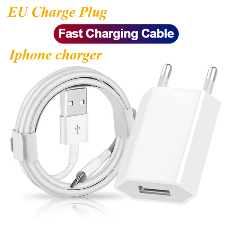 EU USB Fast Wall Charger for iPhone X XR XS 11 12 13 Pro Max 6S 7 8 14 Plus SE USB Charging Data Cable 1m 1.5m 2m Power Adapter