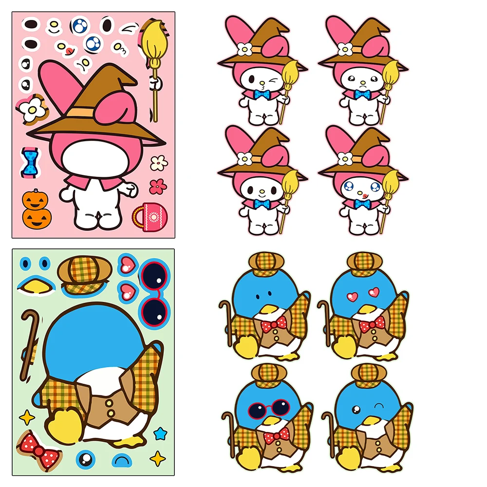 6/12Sheets Cute Sanrio Puzzle Anime Stickers Melody Hello Kitty Make-a-Face Assemble Fun Cartoon Decal Assemble Jigsaw Kid Gift