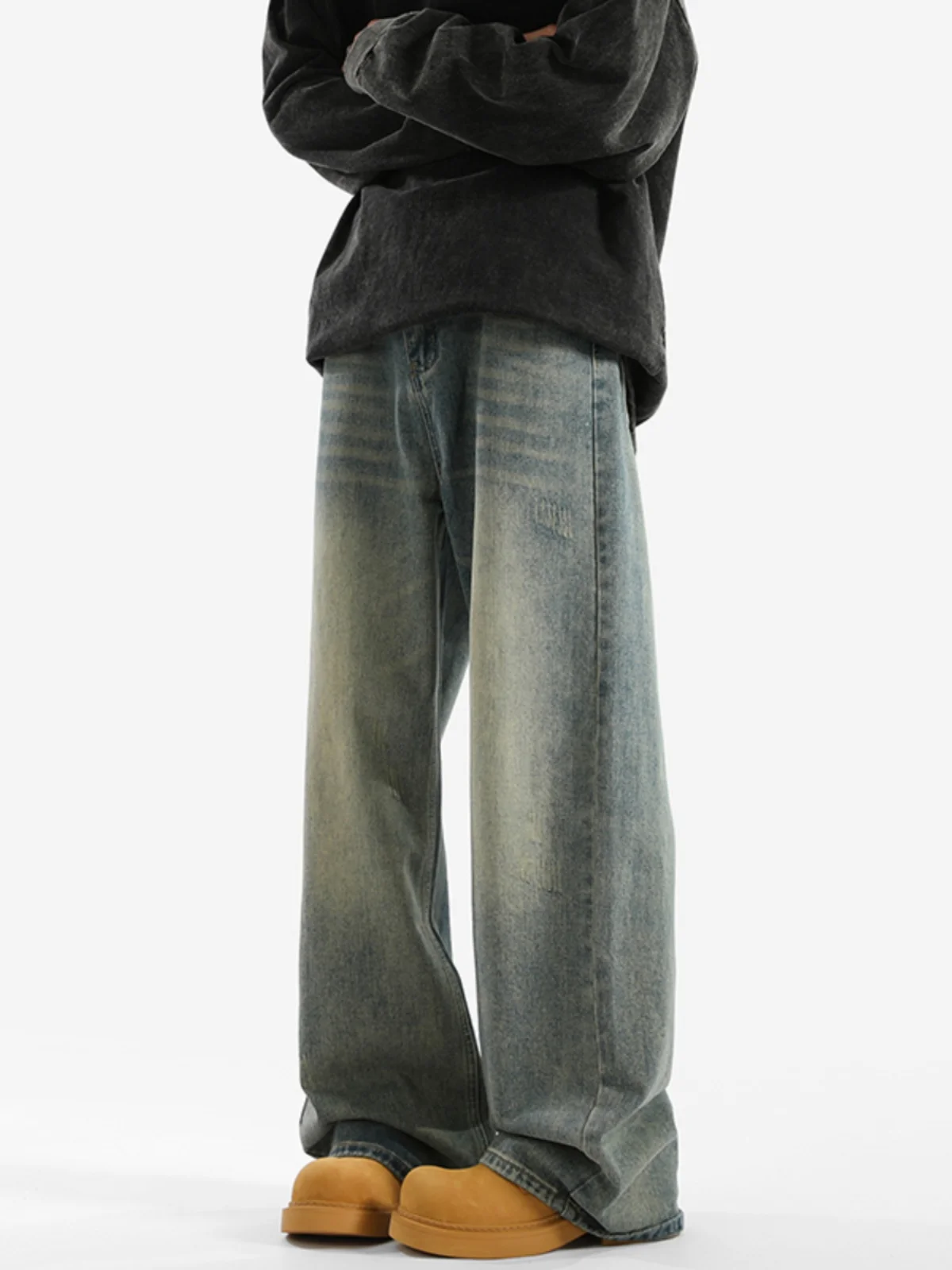 

Мужские джинсы в стиле ретро, американские, из денима, осенне-зимние, с высокой талией, свободные, широкие штанины, прямые, рабочие, длинные брюки