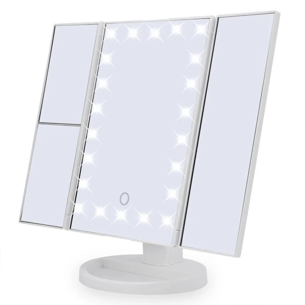 21 LED Lights Touch Screen Floor Mount Lighted Vanity Mirror Travel Makeup Mirror with Two Power Supply Modes Magnifying Feature