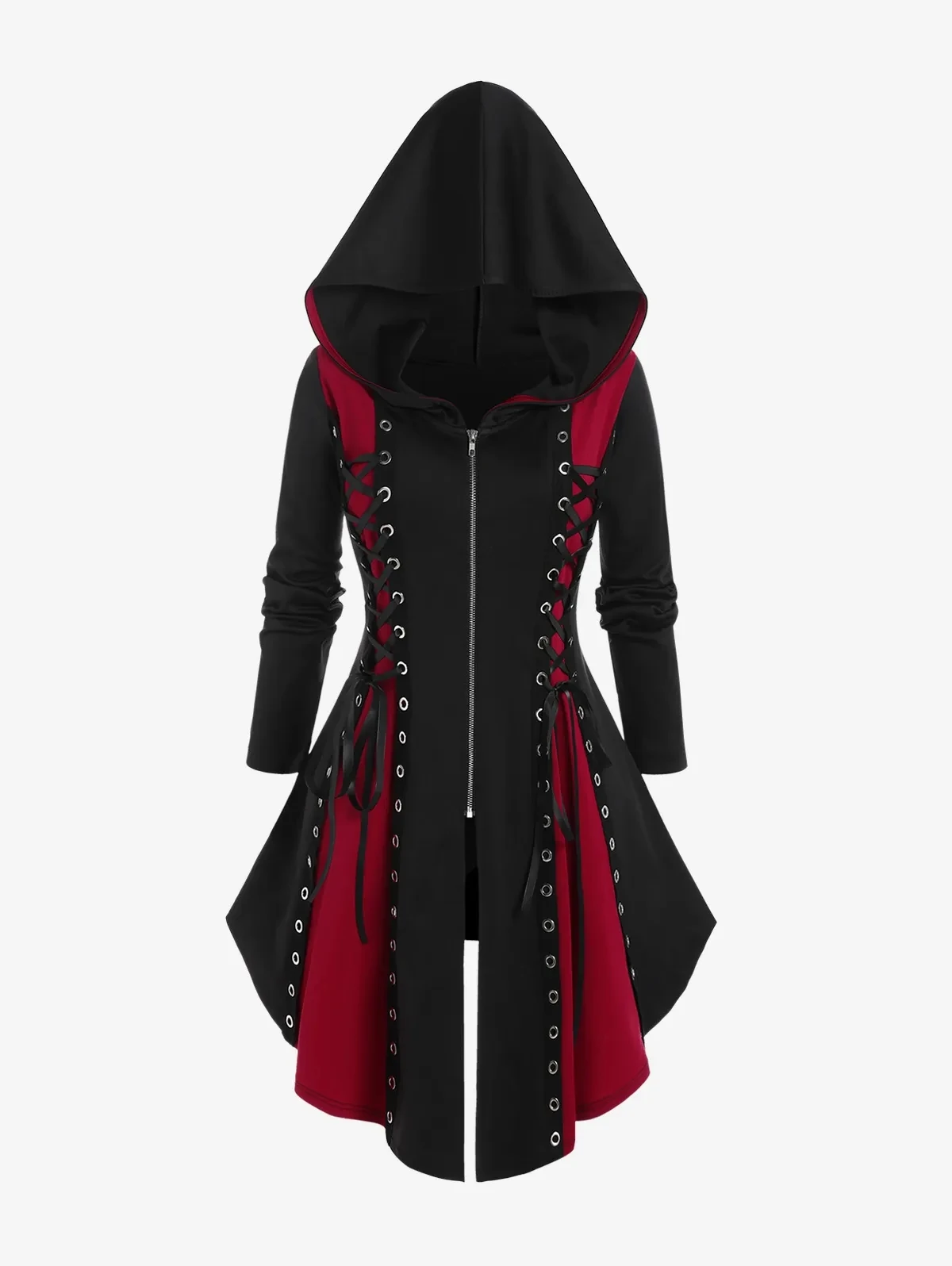 Gothic Hooded Lace Up Grommets Colorblock Coat Long Sleeves Asymmetrical Zipper Sweatshirts For men and women Hoodies Winter