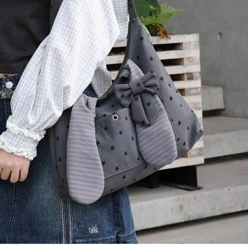 Early Autumn Japanese Light Asian Y2k Shoulder Bag Girl Rabbit Ear Bow Tote Bag Striped Star Messenger Bag for Woman
