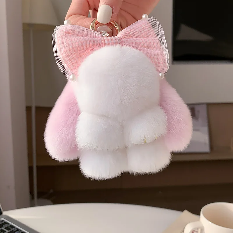 لطيف أفخم الأرنب المفاتيح مع Bowknot وهمية الأرنب الفراء مفاتيح السيارة حقيبة سحر رائعتين الأذن المرنة الأرنب قلادة للنساء