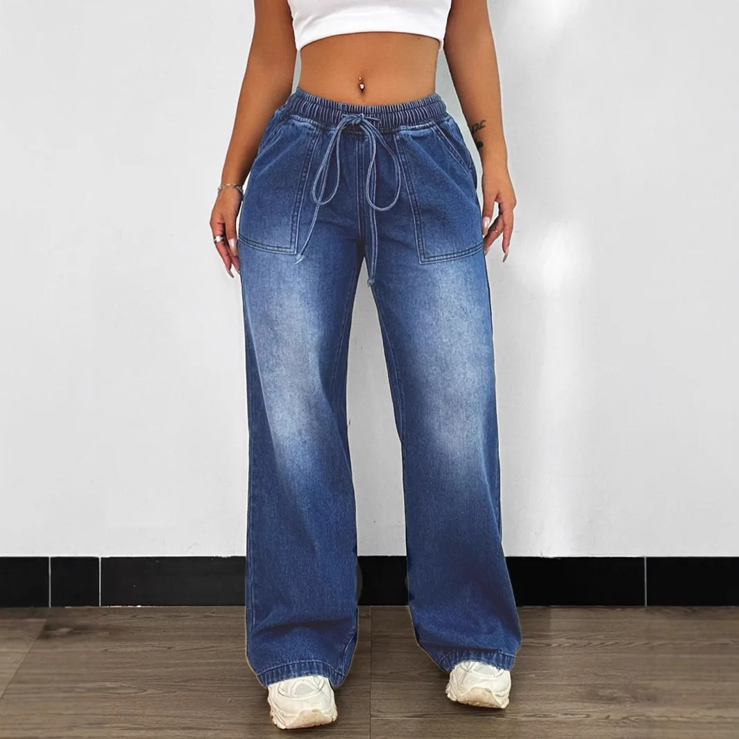 

2025 Spring Autumn Women's Elastic High-waisted Wide-leg Jeans. New Fashionable and Casual Lace-up Straight-leg Jeans for Women