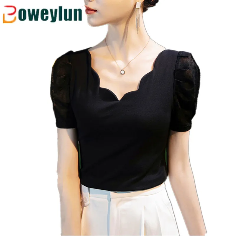 

Boweylun New Cotton V-Neck T-Shirt Women Slim Bubble Sleeve Solid Splicing Short Sleeve Tops Female Summer