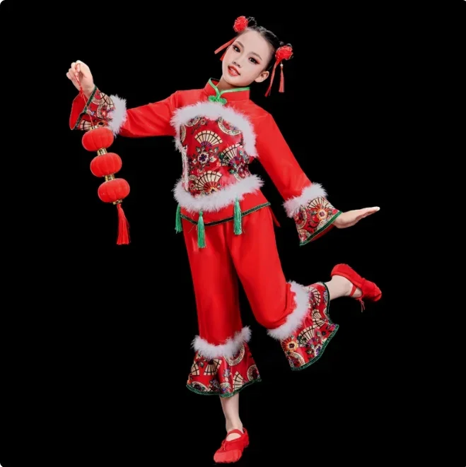 Traje yangko vermelho para crianças trajes de palco clássico guarda-chuva fã roupas de dança nacional hanfu yangko dança wear