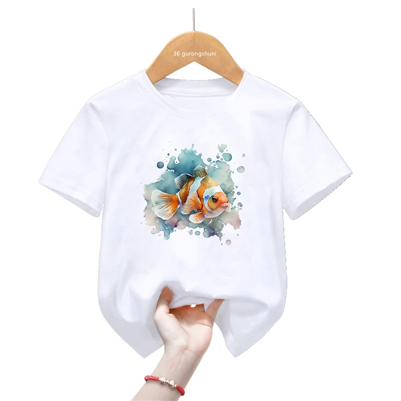 Watercolor Clownfish Goldfish Printed T Shirt Girls/Boys Harajuku Kawaii Kids Clothes Summer Fashion Short Sleeve T-Shirt Tops