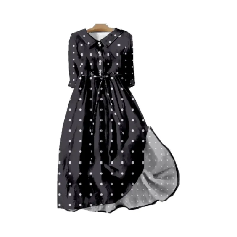 Elegant Polka Dot Black White Pattern Lady Knee-length Dresses Short Sleeve Dress Field Style For Women V-neck Dress