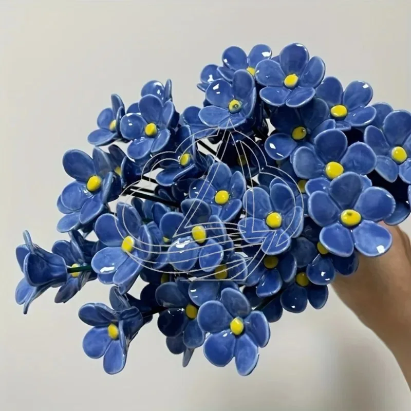 Handcrafted Forget-Me-Not Ceramic Flowers Fade-Resistant Pottery Ornaments for Indoor Outdoor Home Deco view 2