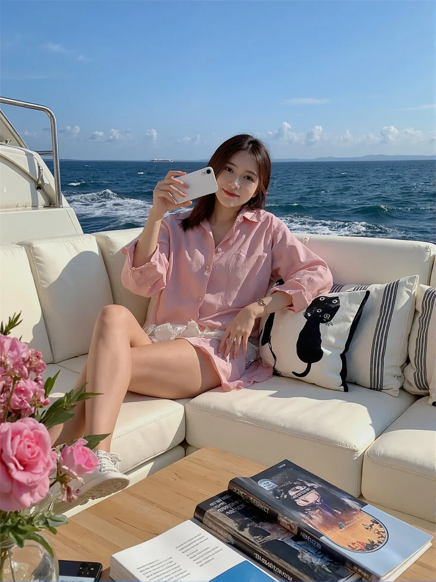 เสื้อผ้าผู้หญิงฤดูร้อน เสื้อเชิ้ตสีขาวฟ้า สไตล์ทางการทันสมัย ติดกระดุมด้านหน้า ชุดทำงานสำหรับสุภาพสตรี  เรียบง่าย  แบบมินิมอล