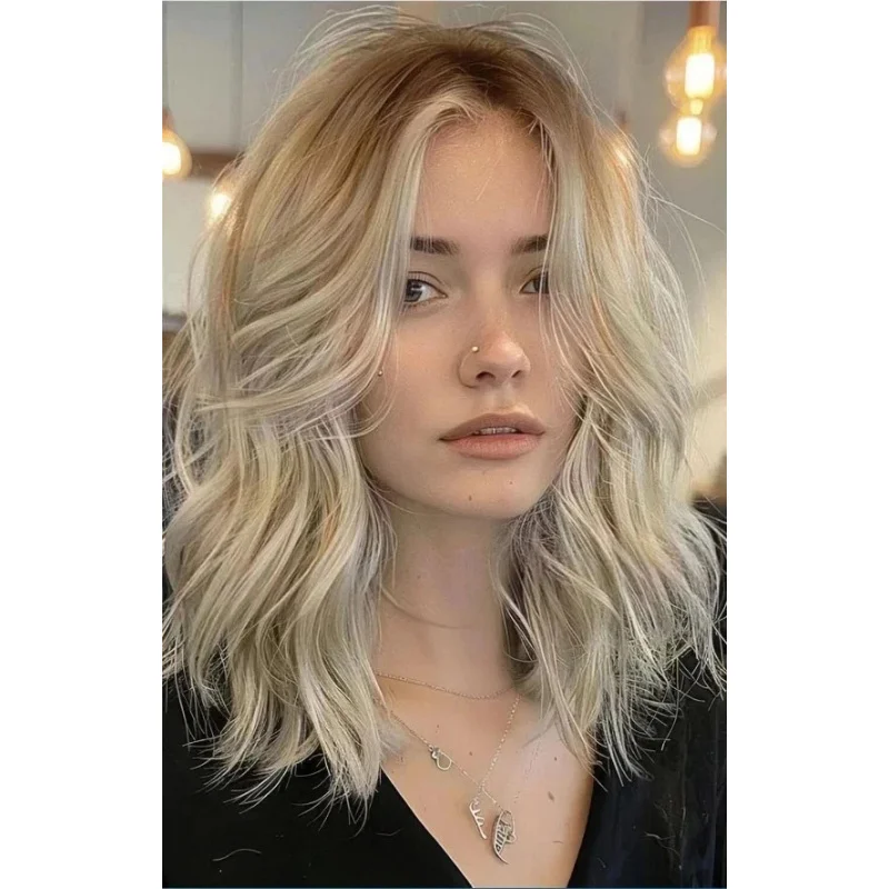 

Новые модные очаровательные женские волнистые парики из 100% натуральных человеческих волос, светло-русые, средней длины, 14 дюймов