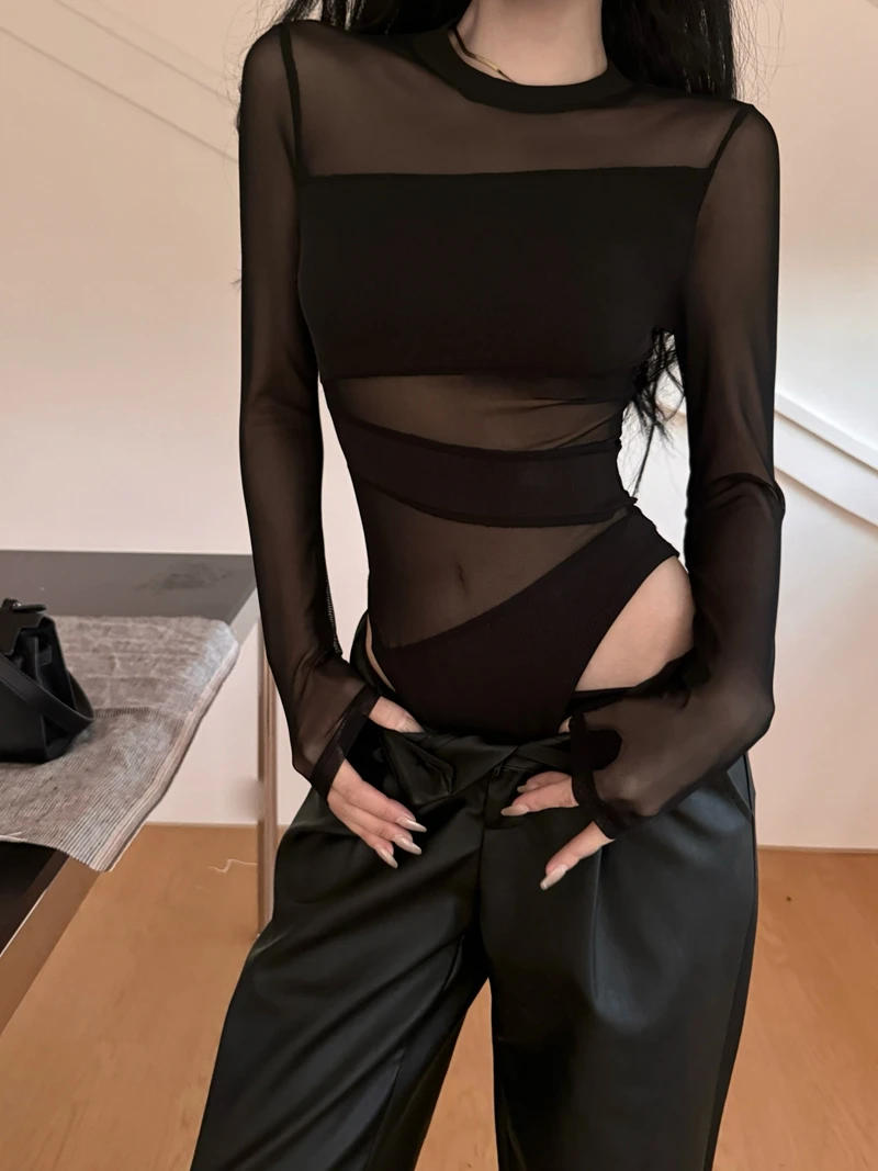 Autumn Sheer Sexy Mesh Slim Thin Hollow Top Slim Cropped Tops Y2k Party Club