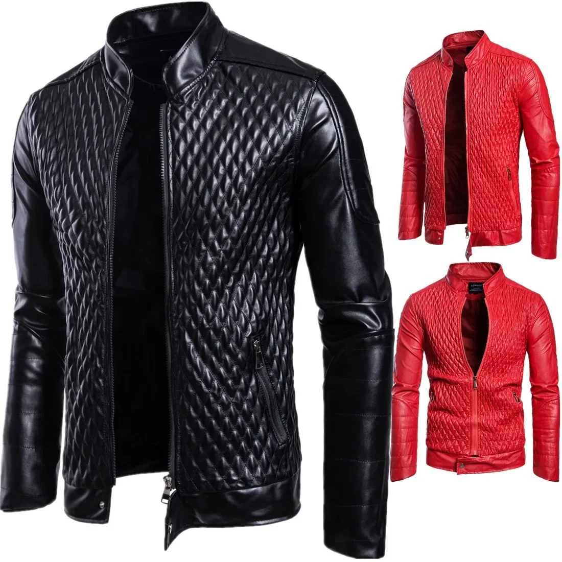 

2023 Spring and Autumn Personalized Lingge Leather Coat Men's Standing Collar Motorcycle Coat Large Casual PU Leather Jacket