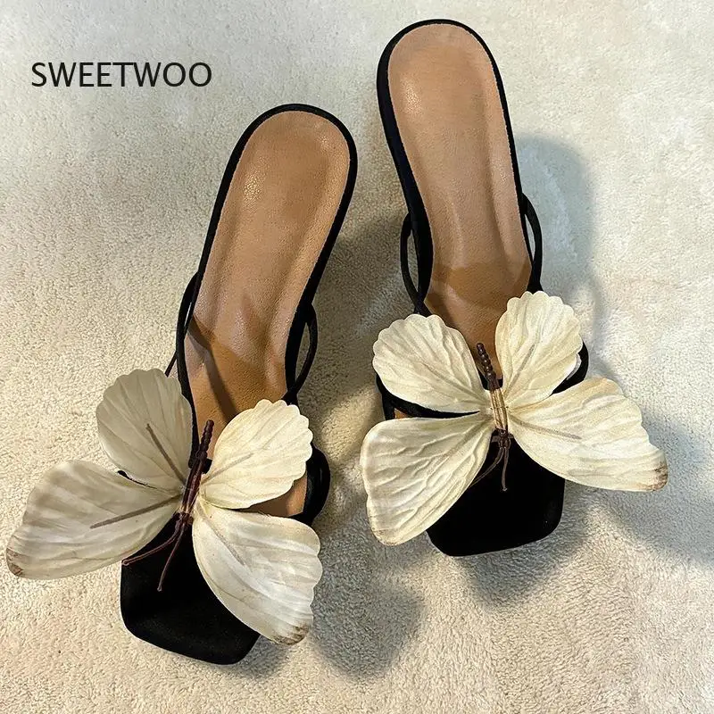 New Women's Elegant Butterfly Detail Single Strap Block Heel Slides Unique Design Fairy Style Heeled Sandals