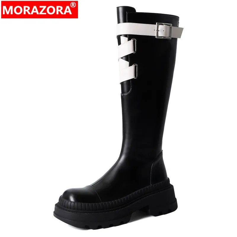 

MORAZORA 2024 New Buckle Genuine Leather Knee High Boots Mixed Colors Platform Autumn Boots Square Med Heels Modern Boots