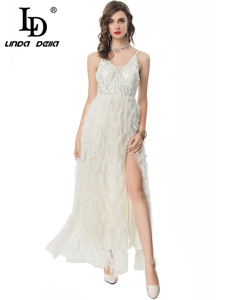 

LD LINDA DELLA Summer Runway Fashion Dress Women's Vintage Solid Color Sequins Temperament Net Yarn Sexy Feathers Dresses