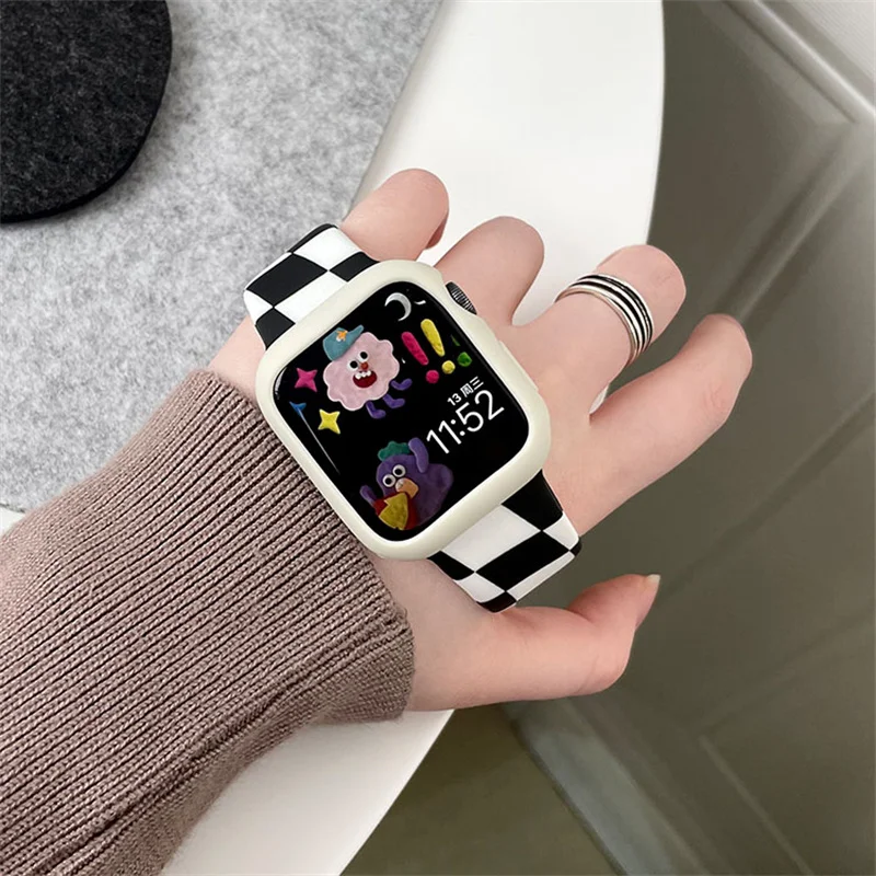 Korean Checkerboard Lattice Strap+Case For Apple Watch Series 7 41mm 45mm 44mm 40mm 38mm 42mm Silicone Band For IWatch 6 SE 5 4