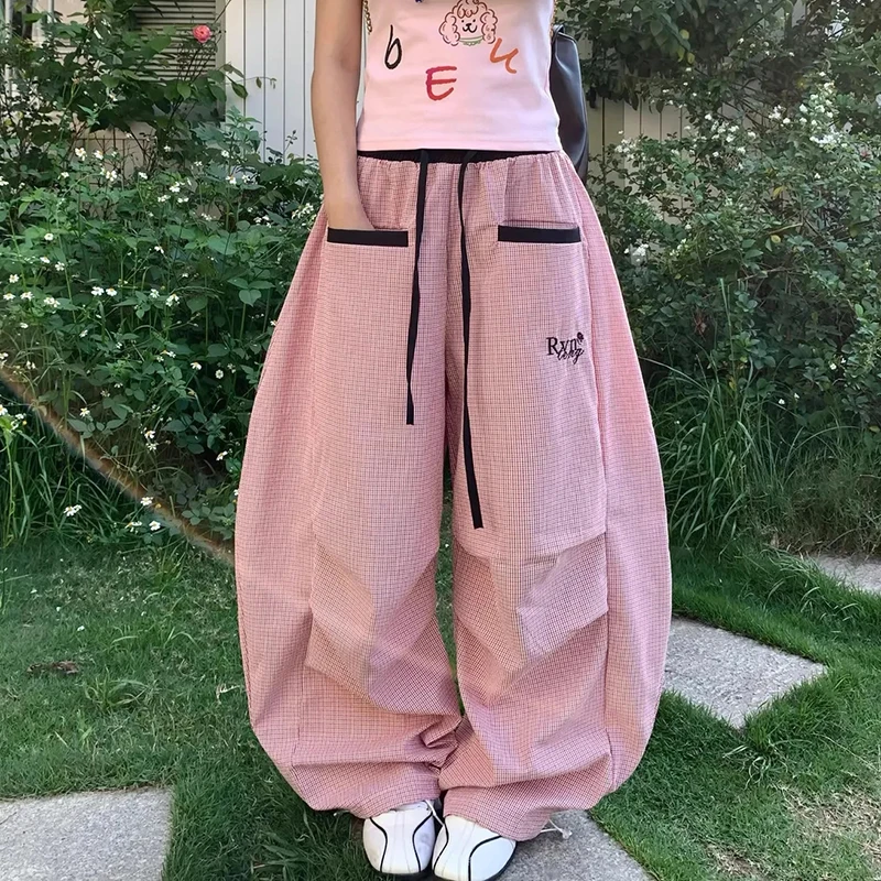 

Women Baggy Streetwear Cargo Pants Summer Draped Loose Wide Leg Pants Jazz Dance Hiphop Lazy Plaid Harajuku Y2K Trousers
