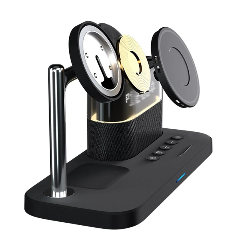 5 in 1 Magnetic Wireless Charger Stand LED Night Light Alarm Clock Fast Charging Station White-A46I