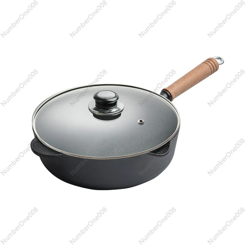 

Wooden Handle Deep Frying Pan Pure Cast Iron Non-Stick Thick Wok Traditional Home Soup Pot Health Cooking