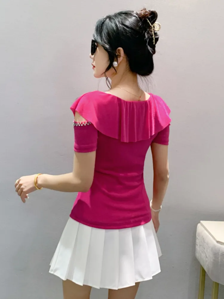 #5986 Summer Off Shoulder T Shirt Women V-Neck Split Joint Ruffles Mesh Short Tshirt Female Skinny Sexy Streetwear Tee Diamonds