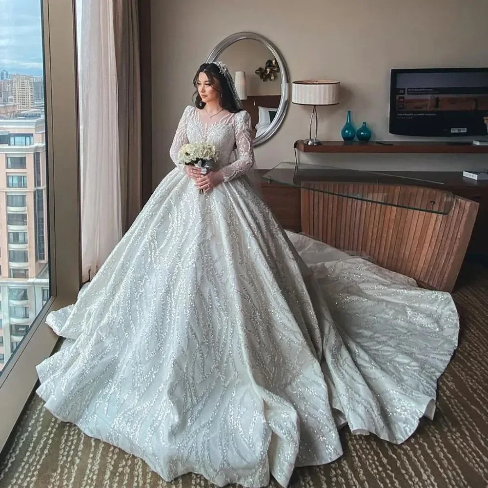 

Flavinke Ball Gown Wedding Dresses 2024 Bling Sparkly Lace Sequined O Neck Long Sleeve Vestido Casamento Muslim Bridal Gowns