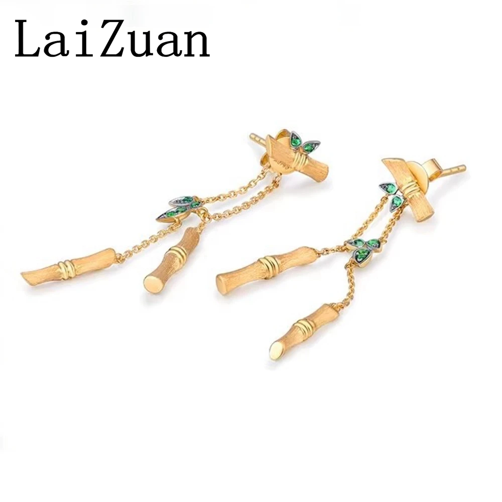 LaiZuan Solid 18K Yellow Gold Bamboo leaf Real Emerald Stud Earrings For Women's Chain Jewelry Exquiste Art Deco Anniversary