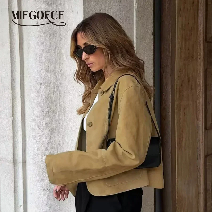 MIEGOFCE Spring Button Down Suede Women's Jacket Turn-Down Collar Coat Big Pockets Drop Shoulder Outwear Loose Outfits A14035