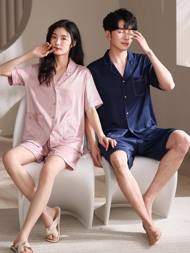 Home Wear Couple's Solid Color Skin-Friendly Short-Sleeved Shorts Pajamas Simple Lapel Single-Breasted Spring and Summer outside