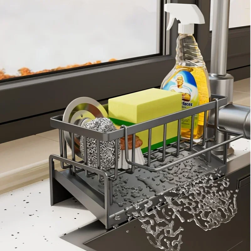 Drill-Free Sink Organizer Multi-Use Sponge Soap Holder Draining Rack for Kitchen Countertop Storage Waterproof Shelf 1PC