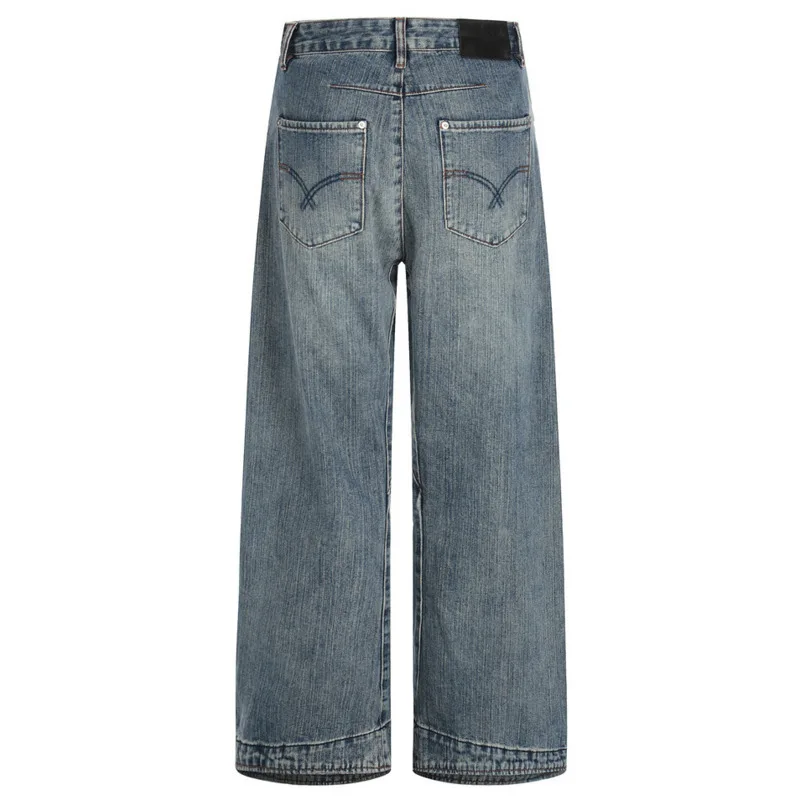 سراويل الأب الفضفاضة متعددة الاستخدامات للرجال أوروبية وأمريكية عالية الشارع فاسق ريترو مغسولة المتعثرة واسعة الساق مستقيمة الساق من قماش الدنيم