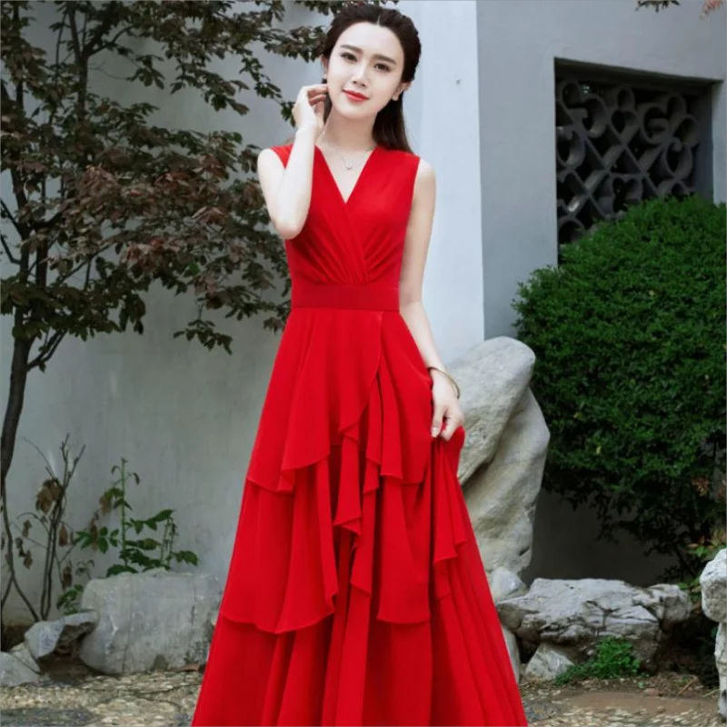 Office Lady V-neck Sleeveless Solid Empire Wave Cut Fashion A-LINE Slender Summer Dress Women 2024 Chiffon Thin Women Clothing