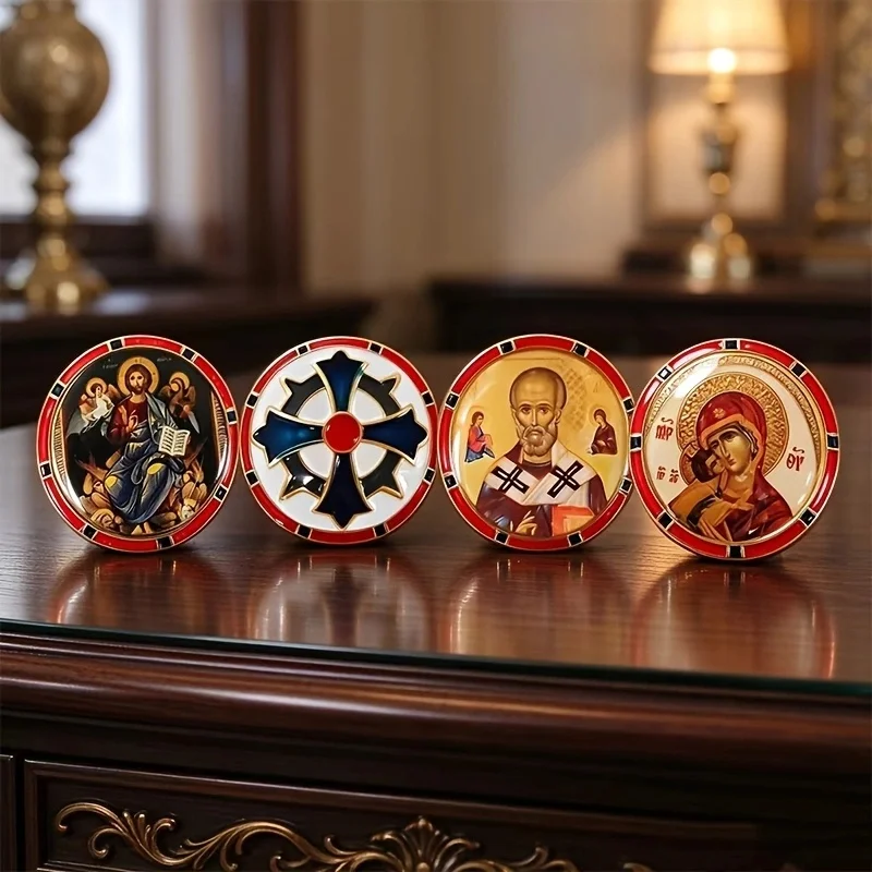 New Luxury Orthodox Cloisonne Enamel Icon Medallion Christ Pantocrator Virgin Mary Saint Cross Gold Rim Red Border Sacred Gift