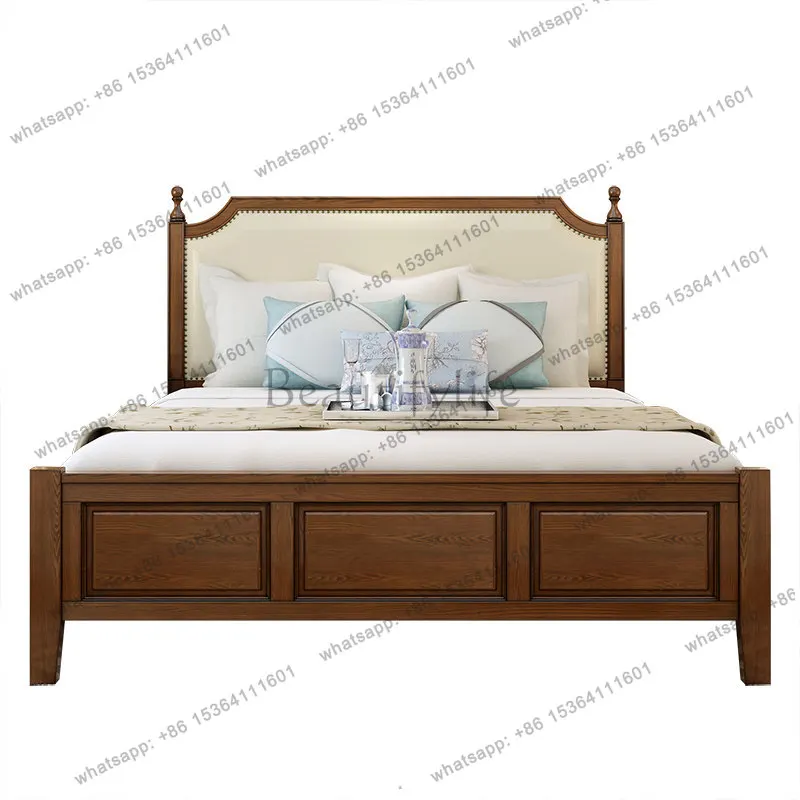 

Двуспальная кровать из цельного дерева в американском стиле, 1, простая свадебная кровать в стиле кантри с высоким ящиком для хранения вещей