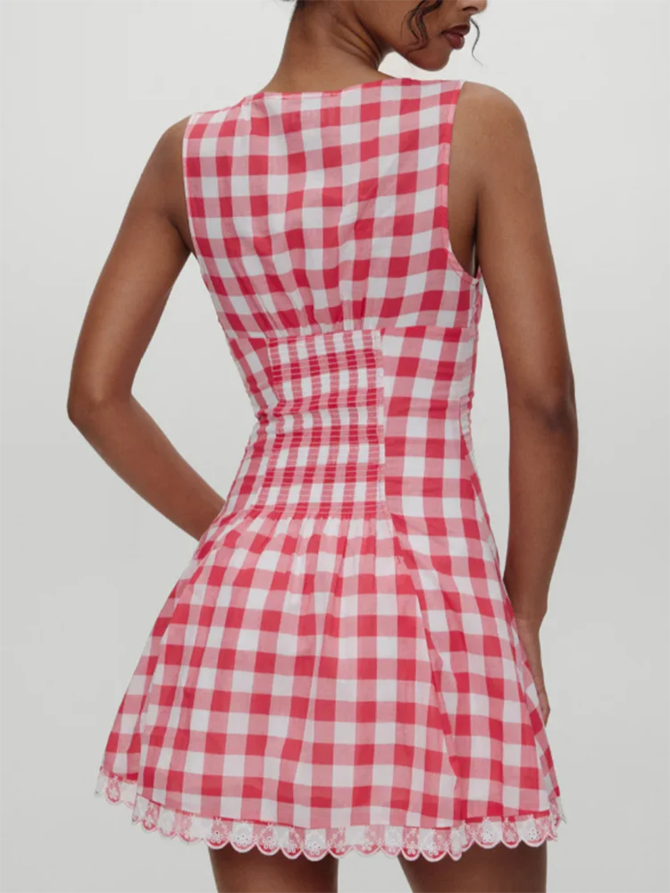 Style français Plaid vérifier Mini robe dentelle femmes été rose 100% coton col en v Sexy fête Vocation décontracté dames robe robes