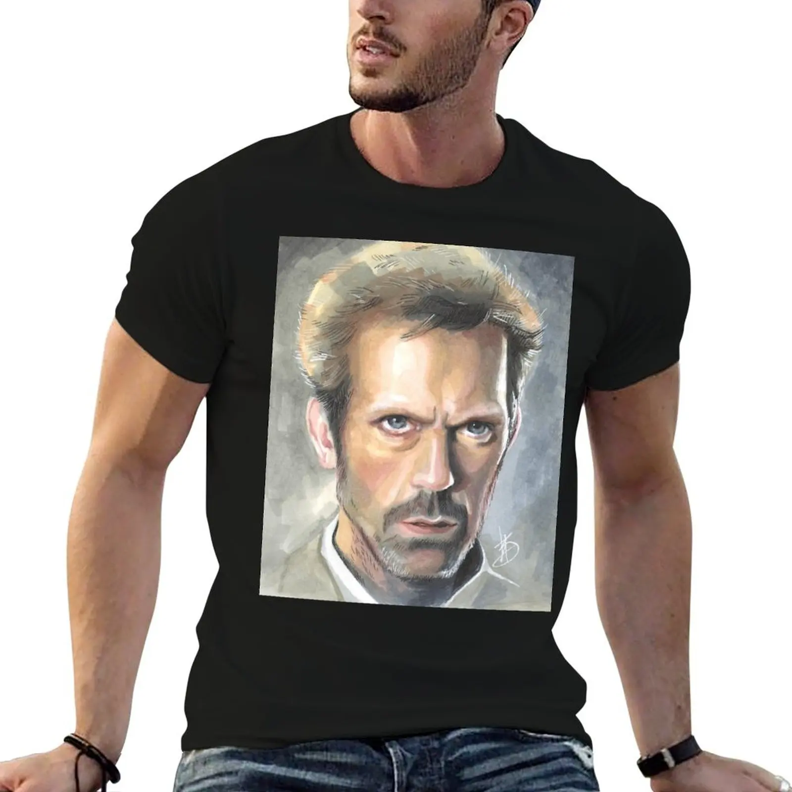House, M.D. Hugh Laurie color portrait with markers T-Shirt cute clothes anime t shirts men clothes