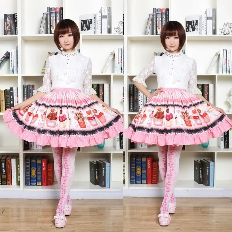 แฟนซี Mori สาวกระโปรงสั้นสีชมพูหวานถ้วยเค้กพิมพ์ Lolita จีบกระโปรง