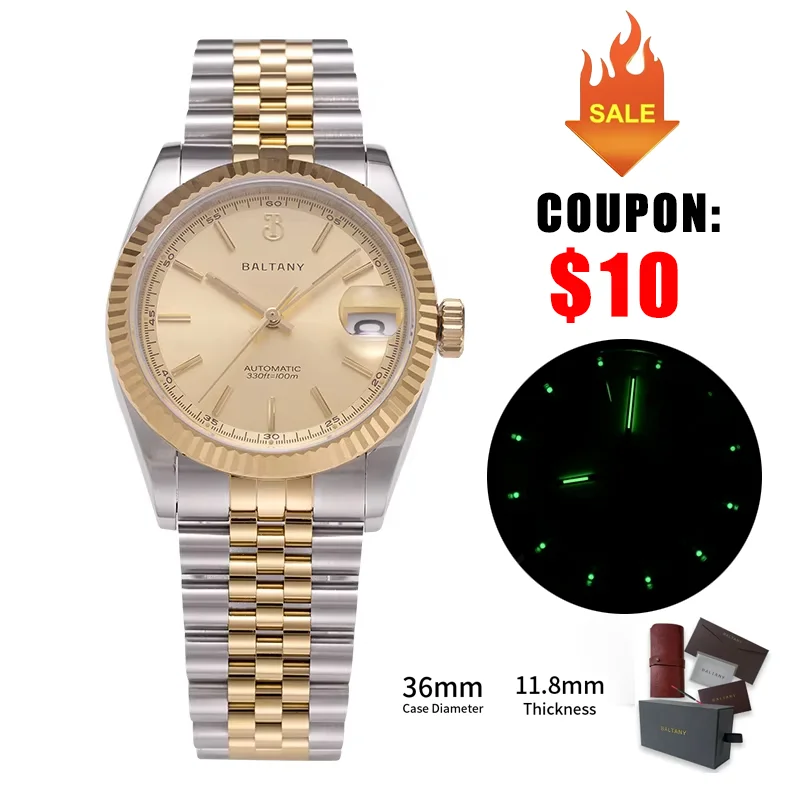 Retro 36mm Gold Dress Watch S4084 Fluted Bezel Cyclops Date Waterproof 10ATM Bracelet NH35 Automatic Mechanical Wristwatch Men