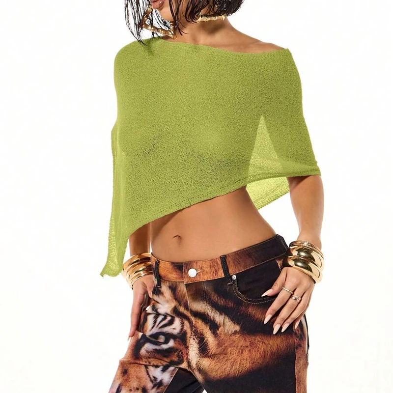 

Women's Sheer Poncho Top Soid Knit Crochet Asymmetrical Tops Summer Shrug Bolero Off Shoulder Going Out Beach Cover Ups