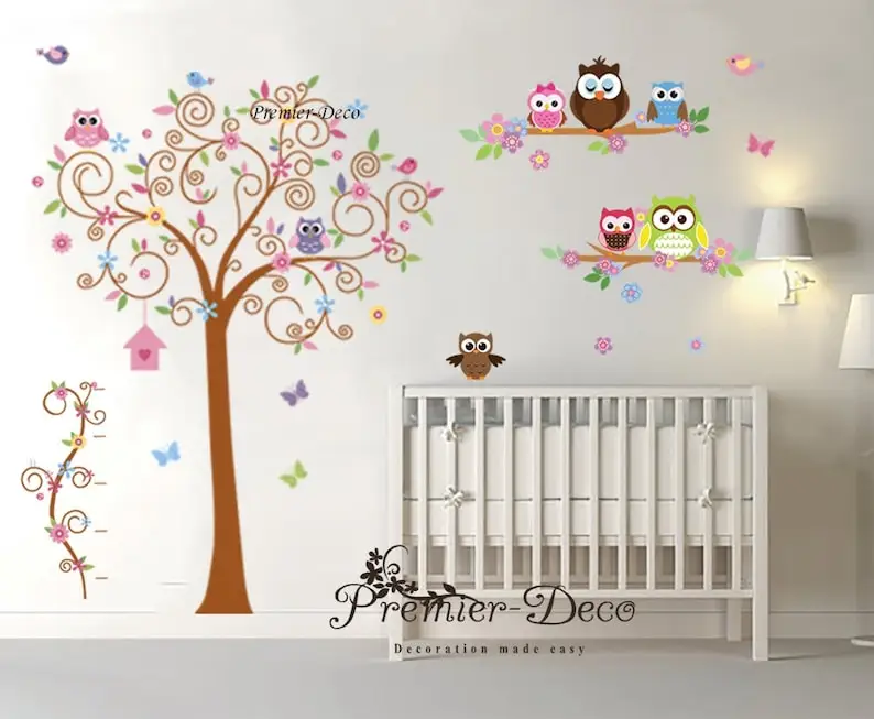 Large Swing Tree , Cute Owls , Butterfly , Nursery baby Girl's Boys Unisex Bedroom Wall Decal , removable wall sticker