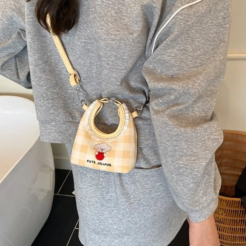 

Cute Embroidery Dog Shoulder Bag Cartoon Grid PU Crossbody Bag Korean Style Solid Color Crescent Handbags Children