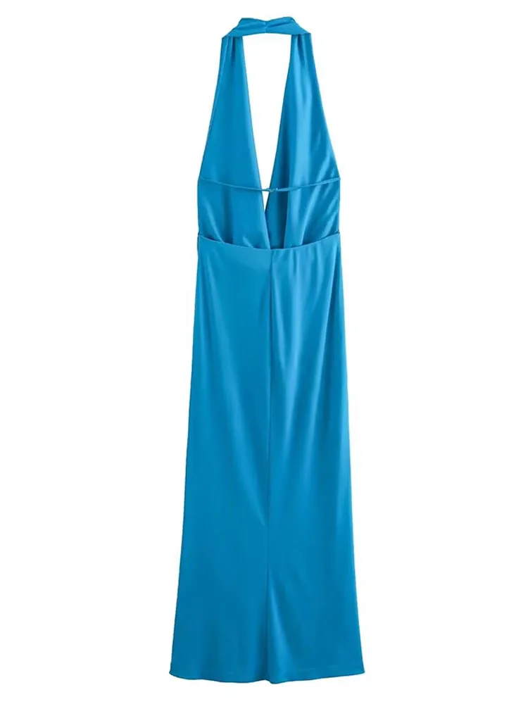 여름 여성용 솔리드 블루 섹시 백리스 롱 드레스 여성용 홀터넥 오프숄더 슬림 엘레강스 이브닝 파티 드레스